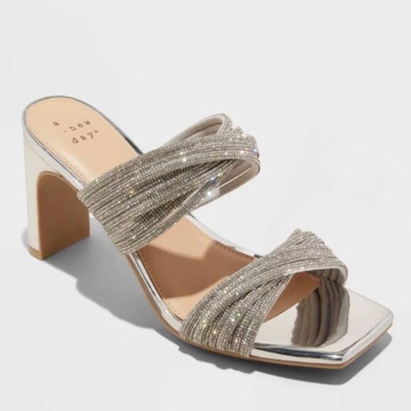 NWT A NEW DAY Rhinestone Silver Strappy Open Toe Heels 9 - Picture 1 of 7